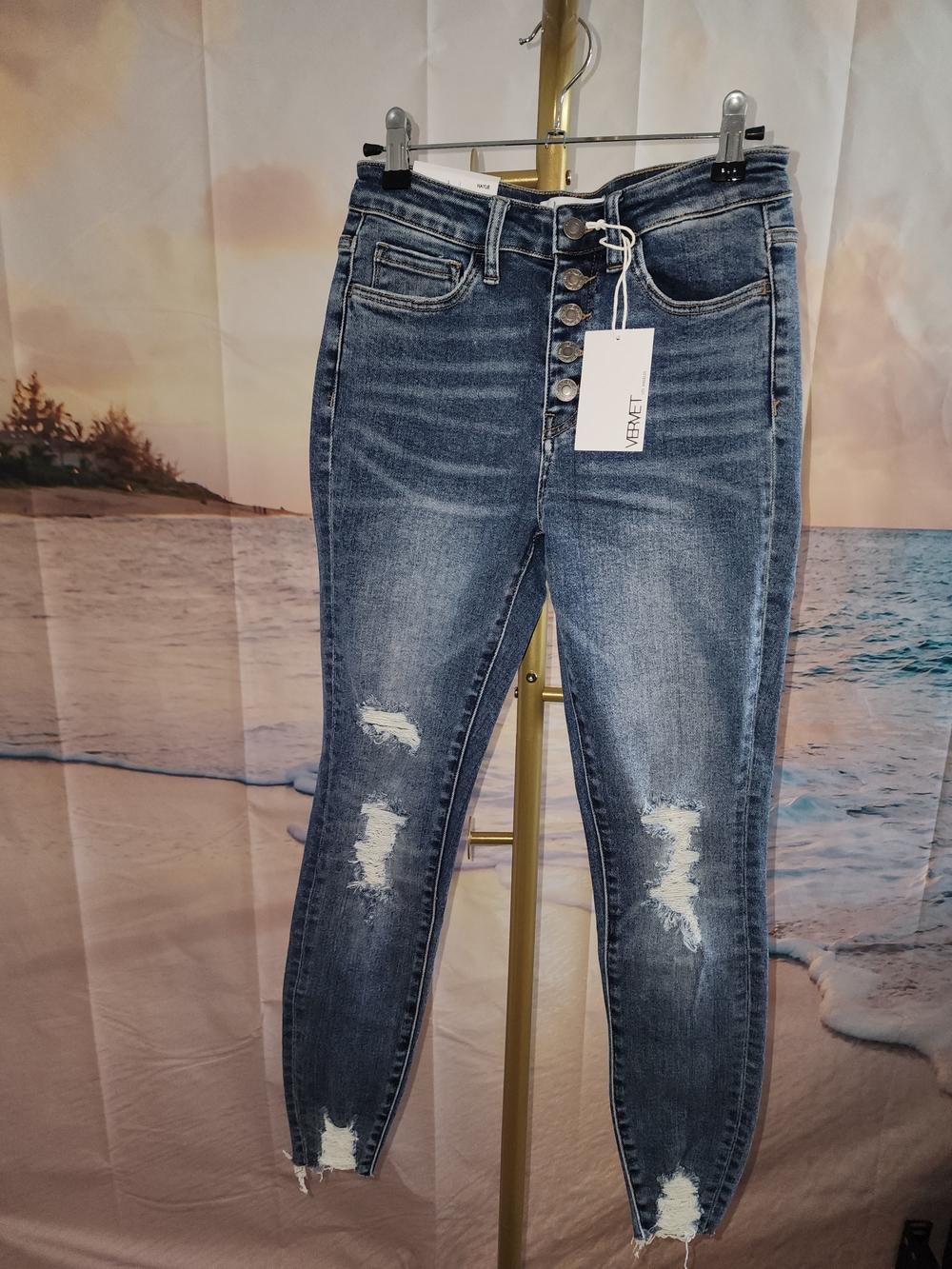 High-Rise Distressed Women’s Jeans - Blue Super Stretchy